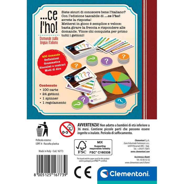 Clementoni Ce L'Ho - Gioco da Tavolo Tascabile con 100 Carte sulla Lingua Italiana, per 2-6 Giocatori, Adatto a Bambini 10 Anni e Adulti, Formato da Viaggio