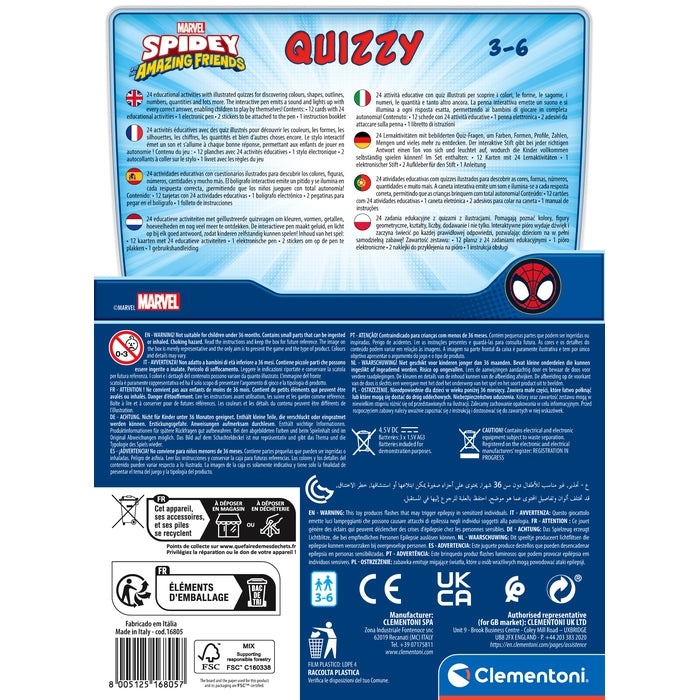 Clementoni Spidey e i suoi fantastici amici - Penna Interattiva Quizzy con oltre 200 quiz educativi e schede didattiche per bambini dai 3 anni