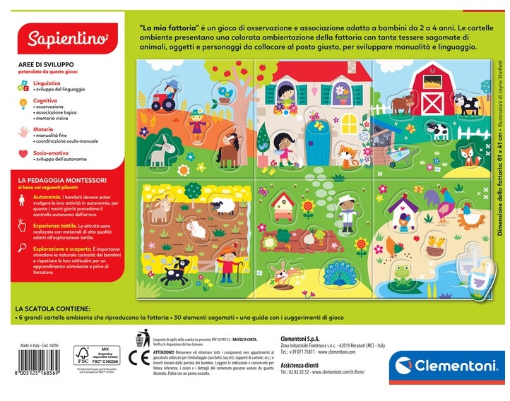 Clementoni Sapientino Montessori - La Mia Fattoria, Gioco Educativo con Puzzle Animali Sagomati per Bambini 2-4 Anni, Sviluppo del Linguaggio e Tattile, Made in Italy, 16856