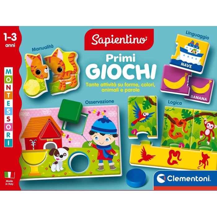 Clementoni Sapientino Montessori Primi Giochi - Gioco Educativo con Flashcards per Bambini da 1 Anno, Sviluppo di Forme, Colori e Animali