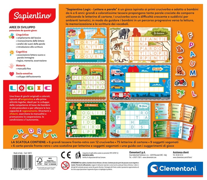 Clementoni Sapientino Logic Lettere e Parole 16872 - Gioco Educativo per Bambini 4-6 Anni con Cruciverba per Imparare a Leggere e Scrivere, Made in Italy
