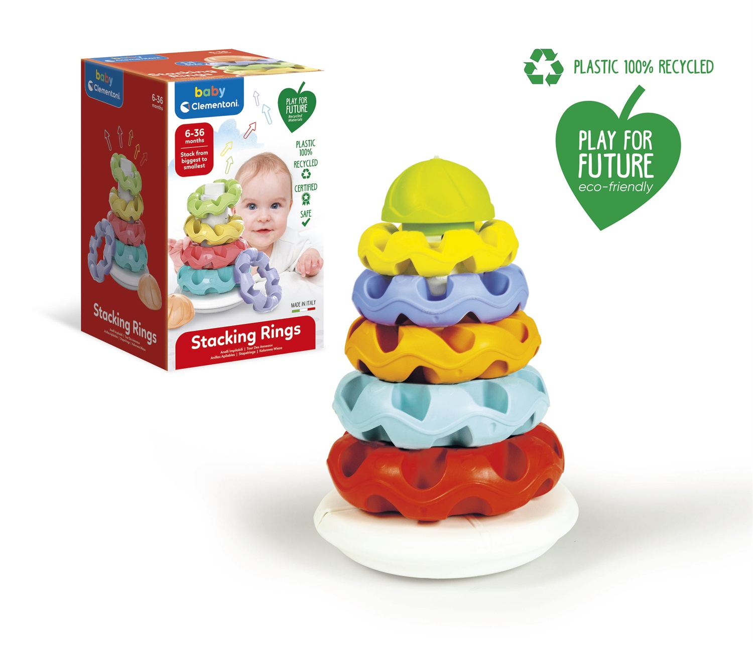 Clementoni Anelli Impilabili Bosco Allegro - Gioco Educativo per Bambini 6-36 Mesi, 5 Anelli Colorati di Diversa Grandezza con Base Basculante