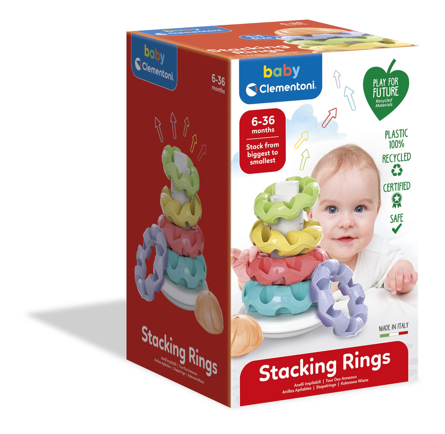 Clementoni Anelli Impilabili Bosco Allegro - Gioco Educativo per Bambini 6-36 Mesi, 5 Anelli Colorati di Diversa Grandezza con Base Basculante