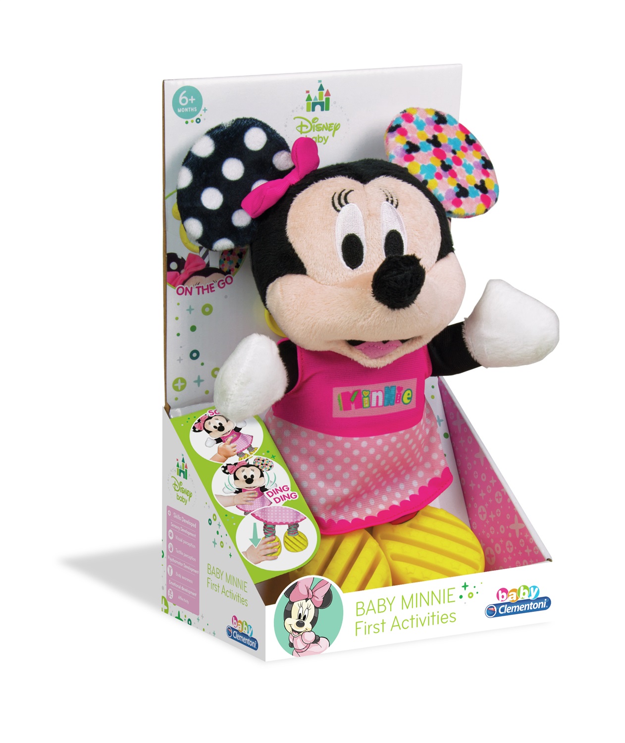 Clementoni Baby Minnie First Activities - Peluche Morbido con Orecchie Fruscianti, Sonaglio e Gambe Flessibili per Bambini 0 Mesi