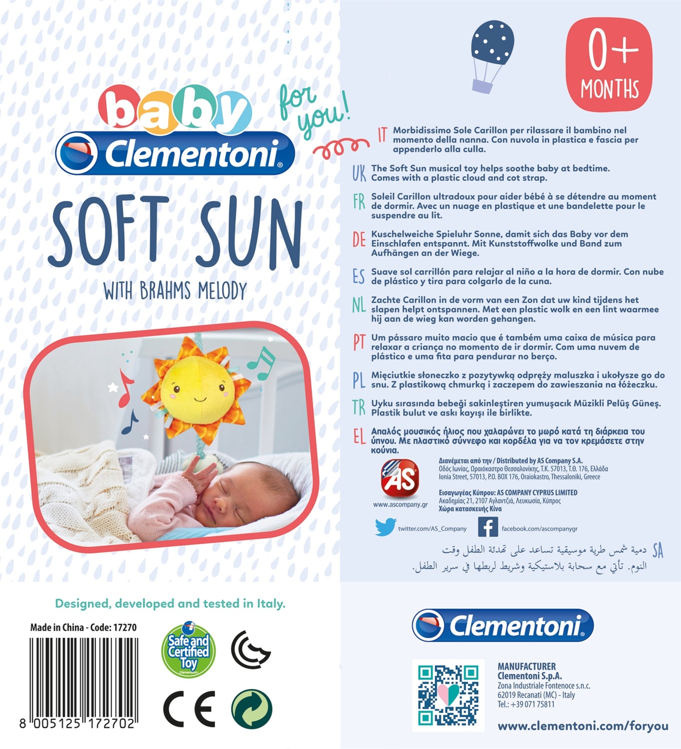 Clementoni 17270 Carillon Soft Sun in Morbido Tessuto Multicolore con Melodia Rilassante