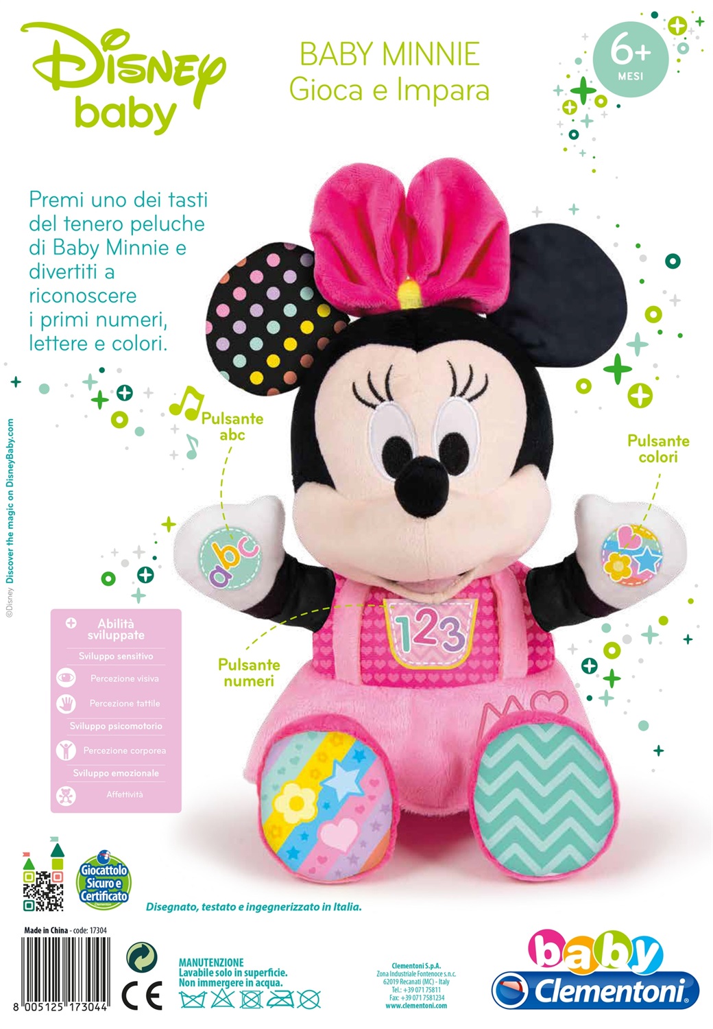 Clementoni Baby Minnie Gioca e Impara - Peluche Interattivo Morbido con 3 Bottoni, Canta Filastrocche e Insegna Alfabeto, Numeri e Colori, Età 6 Mesi