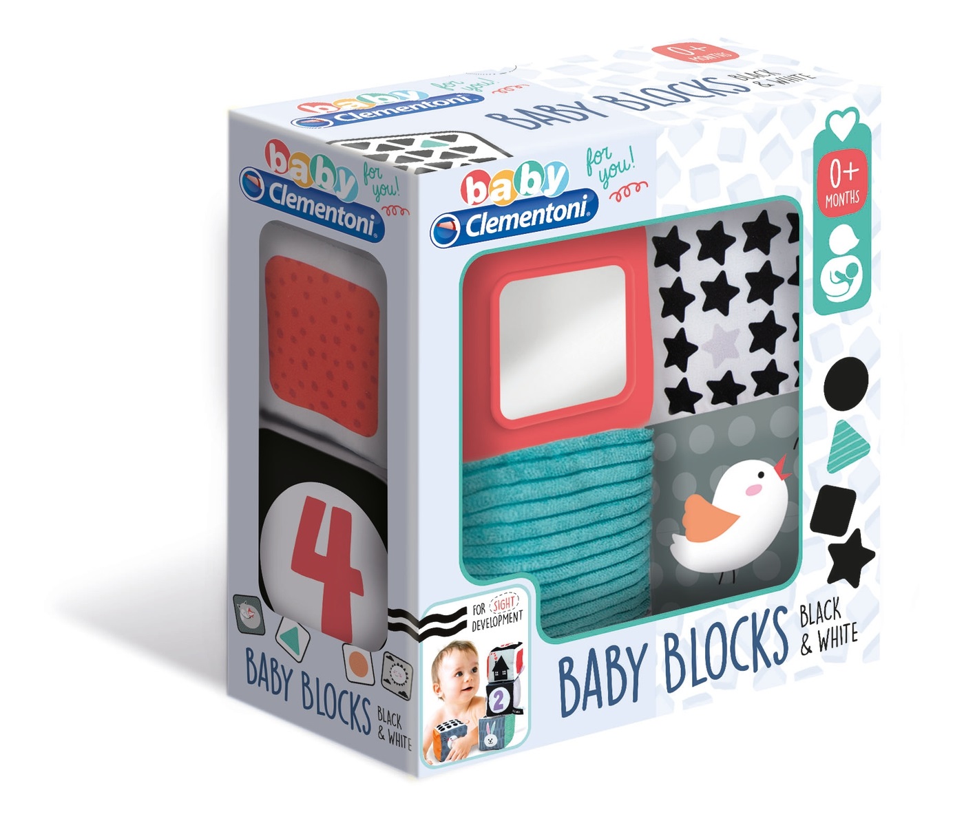 Clementoni Baby Baby Blocks Black & White - Blocchi Morbidi per Bambini 0 Mesi, Giocattolo Educativo con 4 Cubi per Stimolare Sensi e Manualità