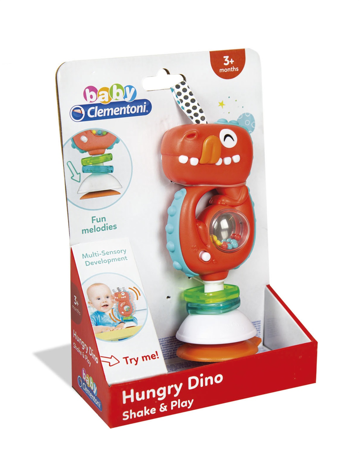 Clementoni Baby Hungry Dino Shake & Play - Sonaglino Interattivo con Melodie, Palline Colorate e Ventosa per Bambini 3 Mesi