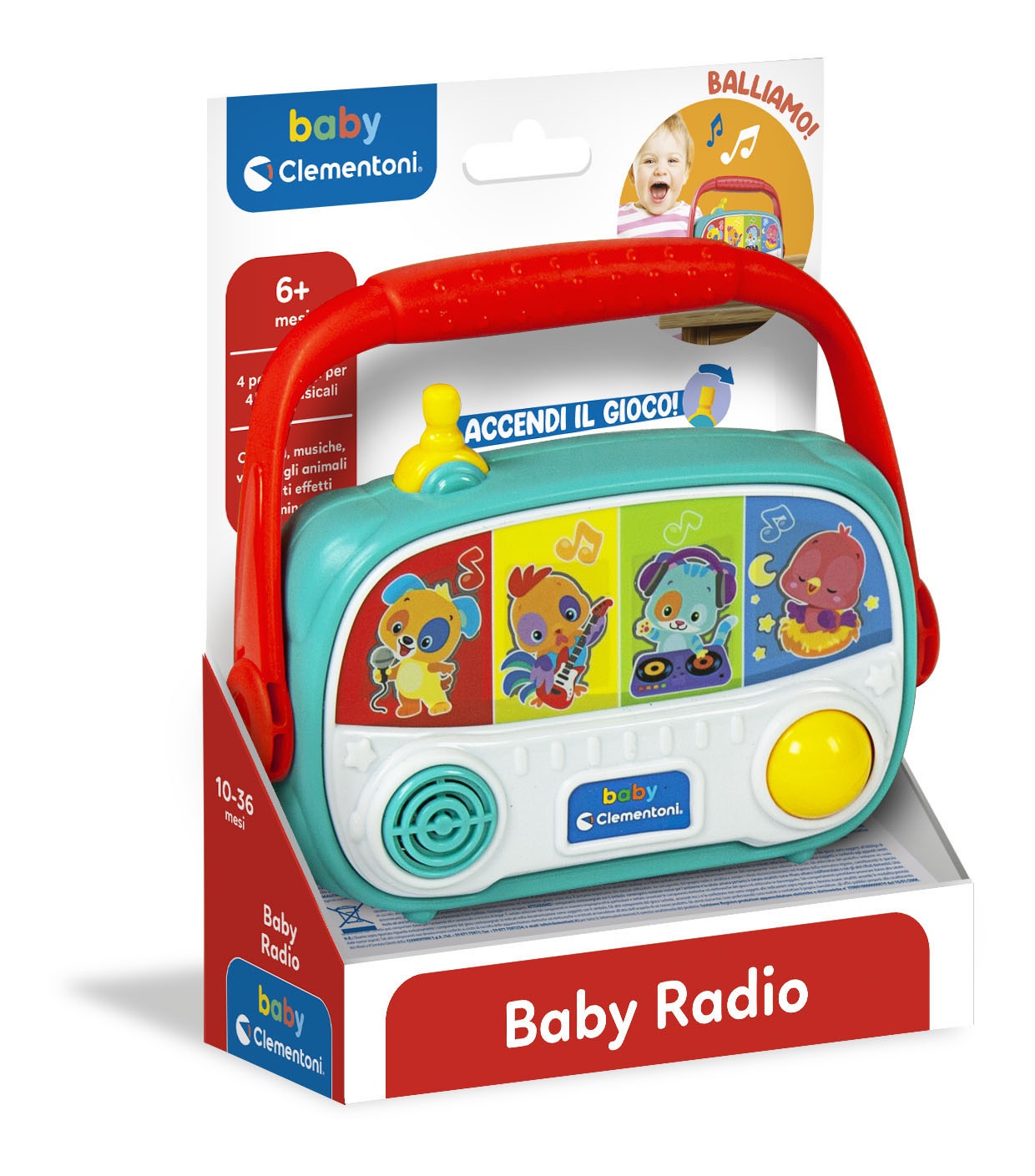 Clementoni Baby Radio - Gioco Educativo Musicale Interattivo a Forma di Radiolina con Pulsanti Luminosi per Bambini 6M