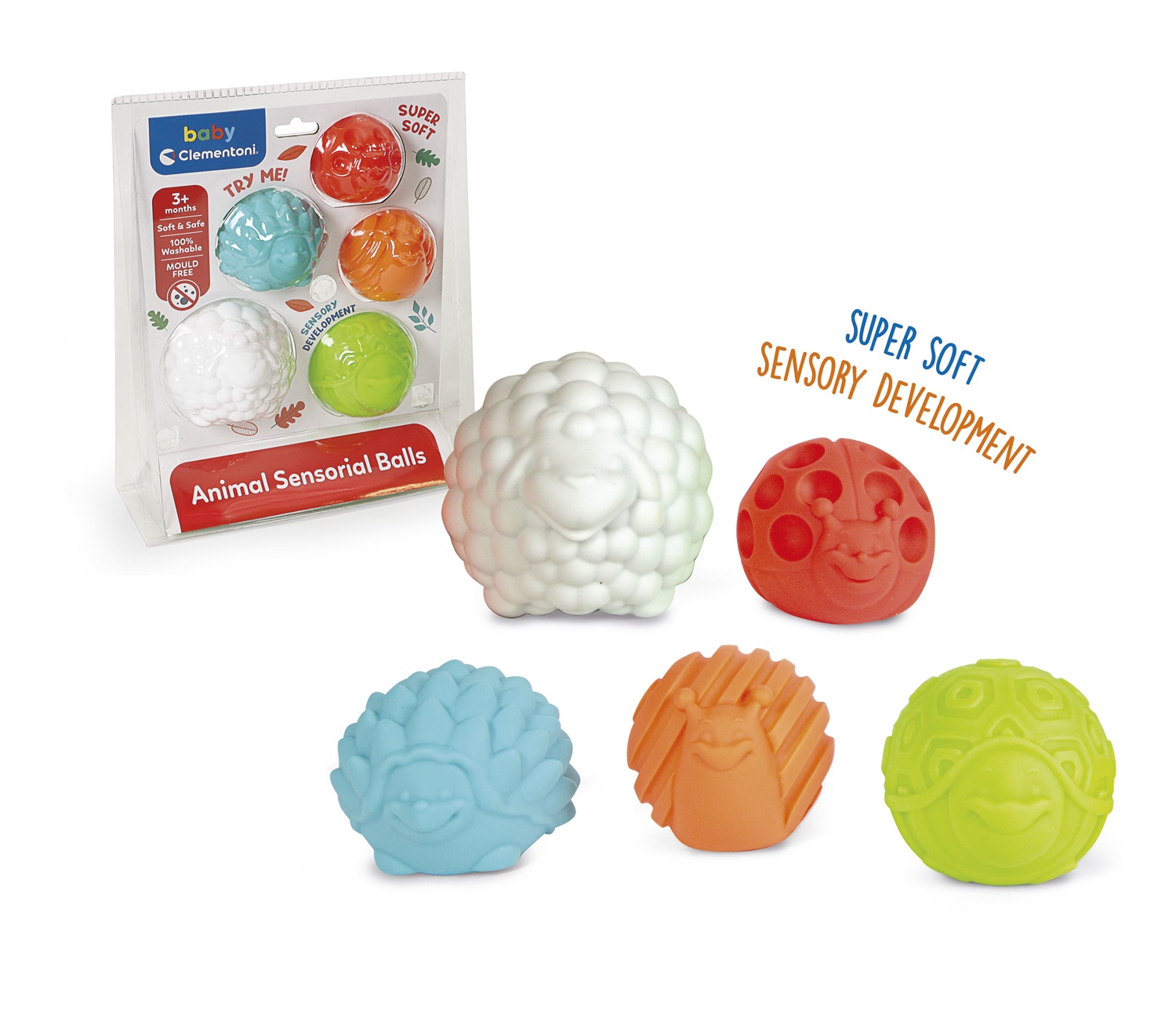 Clementoni Disney Baby Animal Sensory Ball - Set di 5 Palline Sensoriali per Neonati 3 Mesi con Forme di Animali, Texture e Colori Diversi, Lavabili e Antimuffa