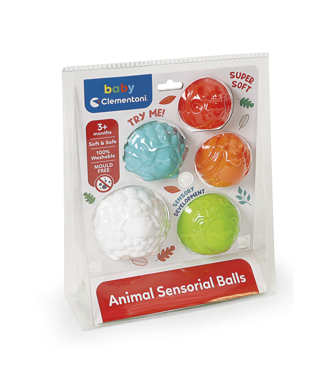 Clementoni Disney Baby Animal Sensory Ball - Set di 5 Palline Sensoriali per Neonati 3 Mesi con Forme di Animali, Texture e Colori Diversi, Lavabili e Antimuffa