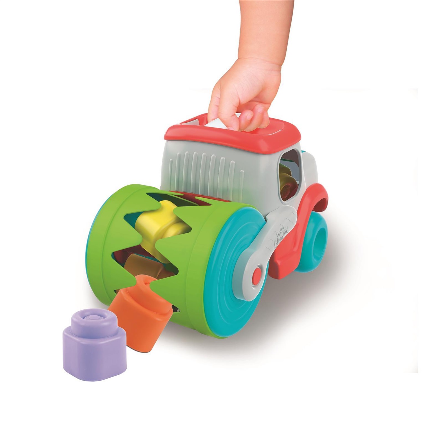 Clementoni 17495 Soft Clemmy Sensory Work Vehicle - Rullo Compressore Morbido con 8 Mattoncini, Gioco Educativo per Bambini 12 Mesi
