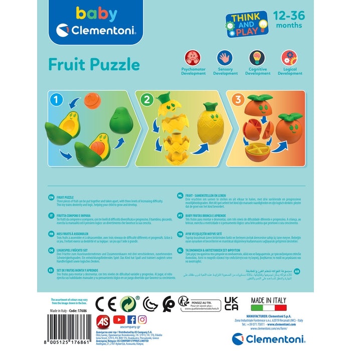 Clementoni Baby Fruit Puzzle 17686 - Gioco Componibile in Plastica Riciclata per Bambini 12-36 Mesi, Stimola Manualità e Logica, Design Made in Italy