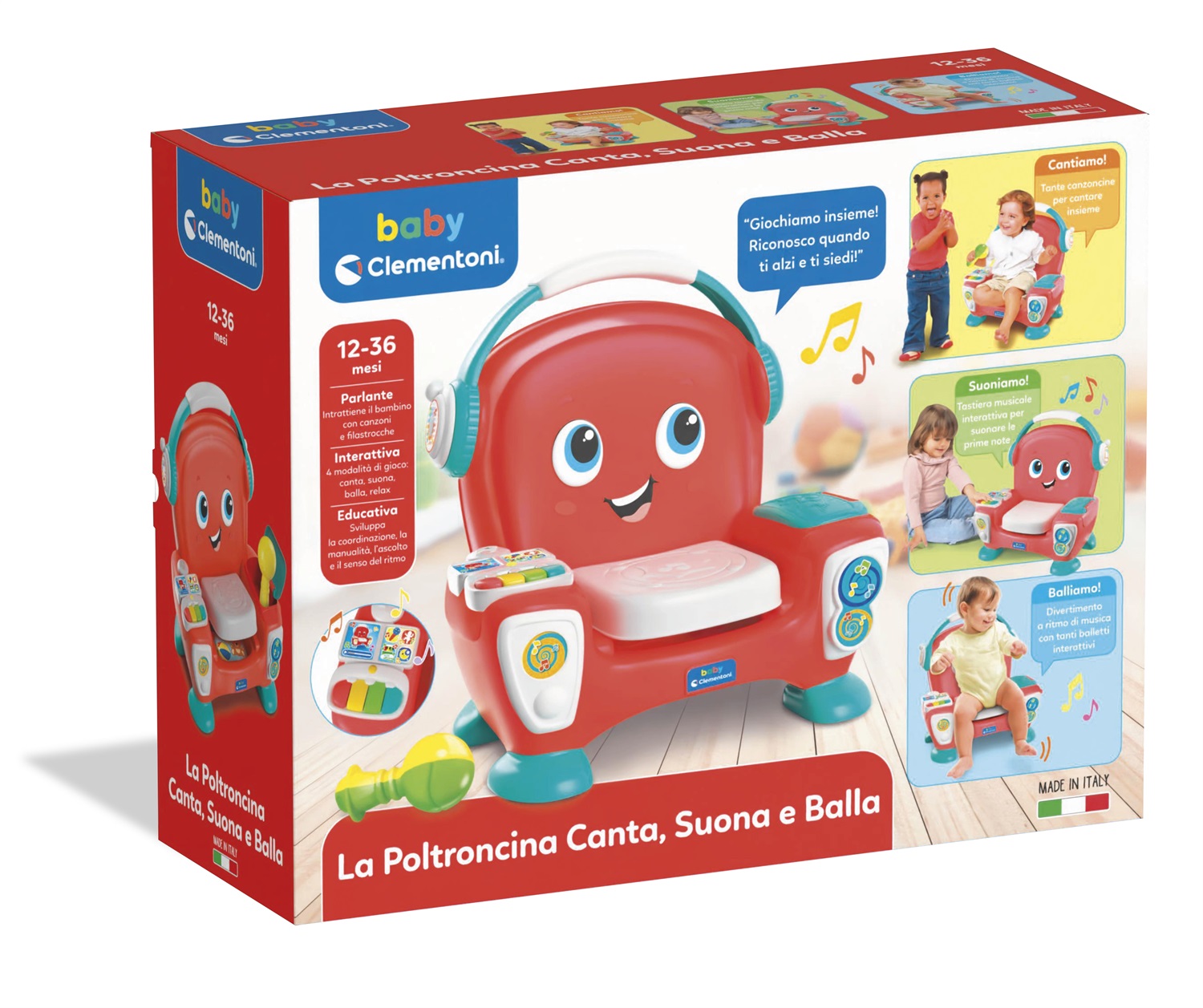 Clementoni Poltroncina Canta Suona e Balla - Poltrona Interattiva Parlante per Bambini 12-36 Mesi, Gioco Educativo con Luci e Canzoni, Stimola Sviluppo Cognitivo e Motorio