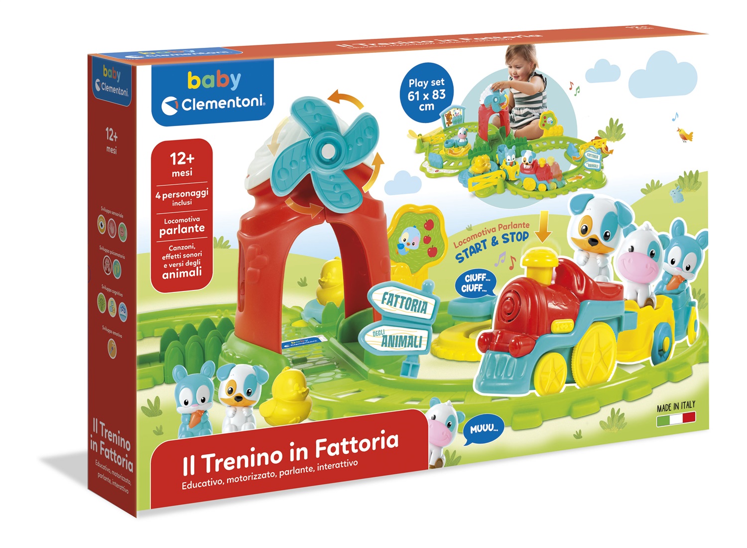 Clementoni - Il Trenino in Fattoria, Treno Giocattolo Elettrico Interattivo per Bambini 12 Mesi, Playset con 4 Personaggi e Effetti Sonori, Made in Italy