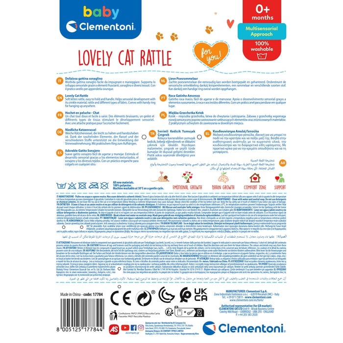Clementoni 17784 Sonaglio Morbido Gattino - Rattle Multisensoriale per Neonati, Facile da Impugnare, Lavabile in Lavatrice