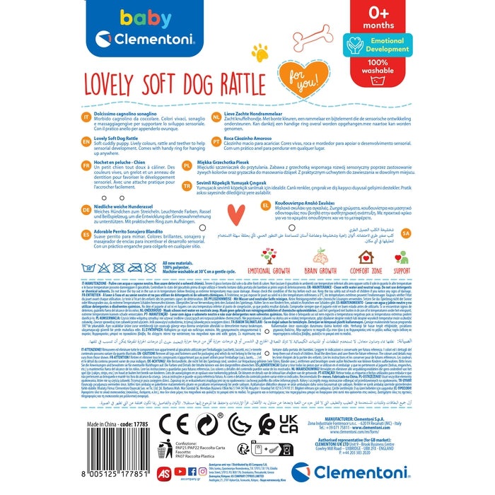 Clementoni 17785 Lovely Soft Dog Rattle - Peluche Sonaglino Morbido per Neonati con Massaggiagengive, 100% Lavabile