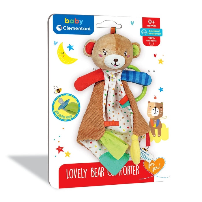 Clementoni - Lovely Bear Comforter 17786 - Orsetto Peluche Neonato con Porta Ciucio, Copertina Sicurezza 0-36 Mesi - 100% Lavabile