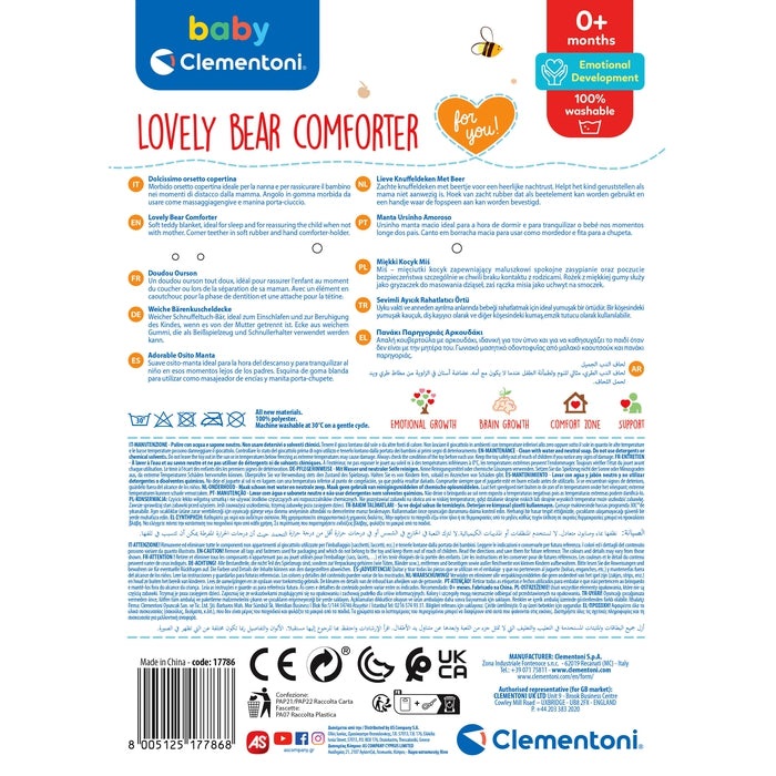 Clementoni - Lovely Bear Comforter 17786 - Orsetto Peluche Neonato con Porta Ciucio, Copertina Sicurezza 0-36 Mesi - 100% Lavabile