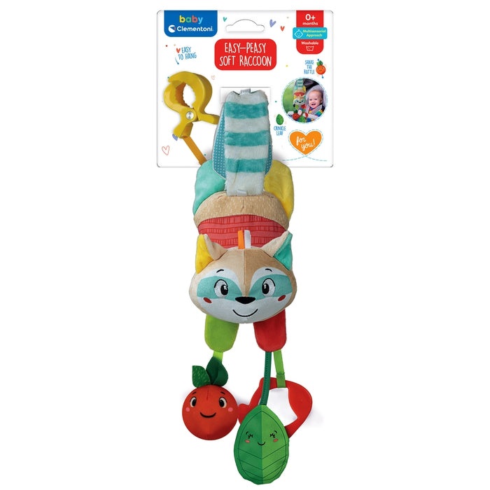 Clementoni Easy-Peasy Soft Racoon 17789 - Gioco Sonaglino Morbido per Neonati, Massaggiagengive Integrato, 100% Lavabile in Lavatrice