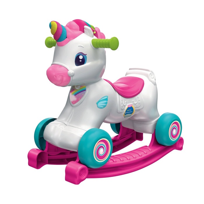 Clementoni Nuvola Dolce Unicorno 17855 - Giocattolo 3 in 1: Dondolo, Cavalcabile e Centro Attività Interattivo con Suoni e Luci