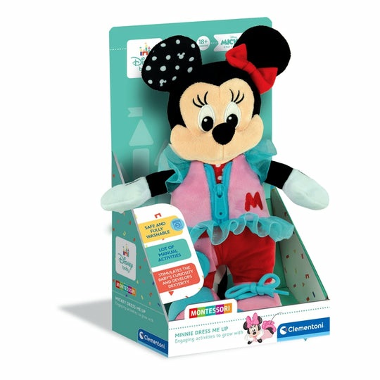 Clementoni Baby Minnie Dress Me Up - Peluche Educativo per Bambini 18 Mesi, Gioco Montessori per Sviluppare Manualità e Sensi, Lavabile in Lavatrice