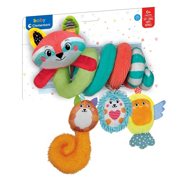 Clementoni Soft Spiral Happy Animals - Peluche da Passeggino Morbido per Neonati, Lavabile, Multicolore