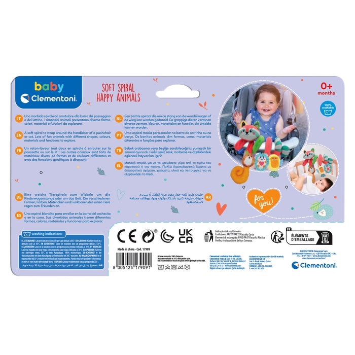 Clementoni Soft Spiral Happy Animals - Peluche da Passeggino Morbido per Neonati, Lavabile, Multicolore