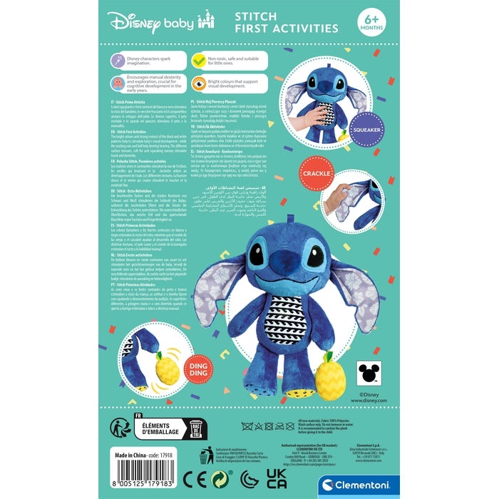 Clementoni Disney Baby Stitch - Peluche Prime Attività per Bambini 0 Anni, Lavabile in Lavatrice, Multicolore, 17918