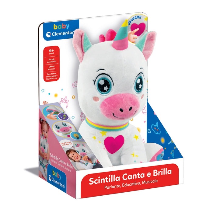 Clementoni Scintilla Unicorno Canta e Brilla - Peluche Interattivo Parlante per Bambini 6 Mesi con Musica, Suoni e Contenuti Educativi