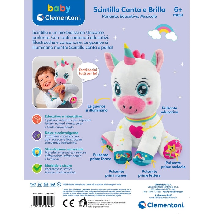 Clementoni Scintilla Unicorno Canta e Brilla - Peluche Interattivo Parlante per Bambini 6 Mesi con Musica, Suoni e Contenuti Educativi