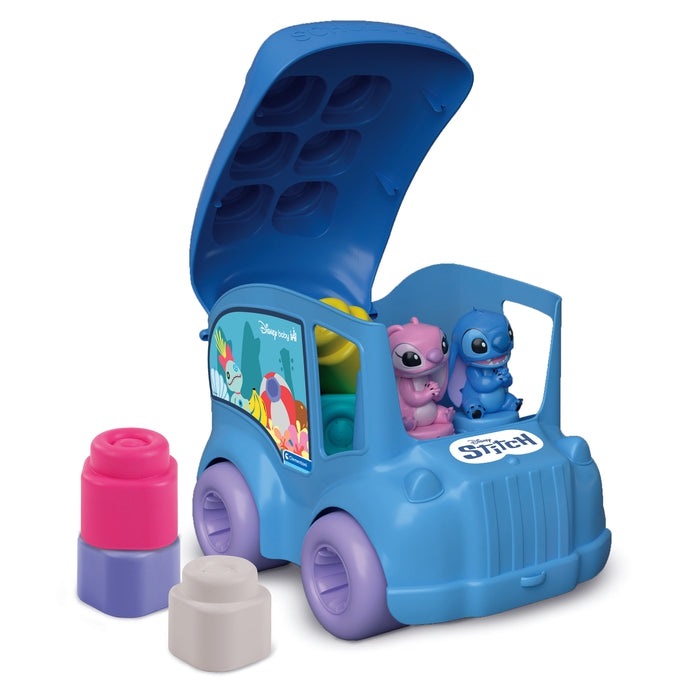 Clementoni Soft Clemmy Stitch Activity Bus - Veicolo Giocattolo Sensoriale per Bambini 18 Mesi con 8 Mattoncini Morbidi