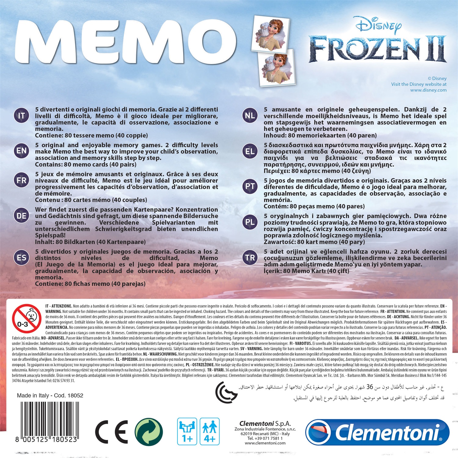 Clementoni 18052 Memo Game Disney Frozen 2 - Gioco di memoria e associazione per bambini dai 3 anni - Gioco da tavolo educativo - Made in Italy