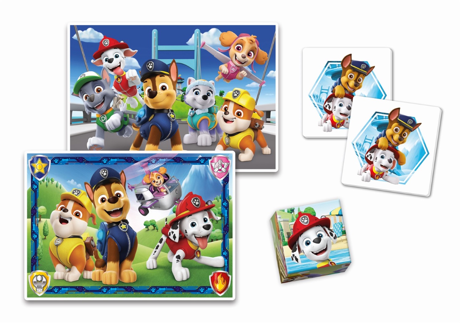 Clementoni Edukit 4 in 1 - Paw Patrol: Set di Giochi con Puzzle da 30 e 48 Pezzi, Gioco di Memoria e 6 Cubi