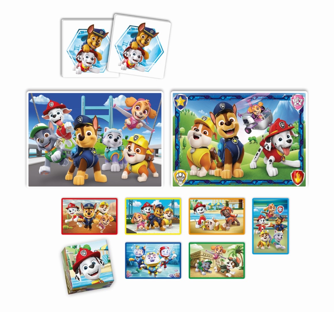 Clementoni Edukit 4 in 1 - Paw Patrol: Set di Giochi con Puzzle da 30 e 48 Pezzi, Gioco di Memoria e 6 Cubi