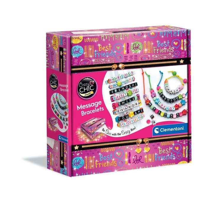 Clementoni Crazy Chic - Message Bracelets, Kit Gioielli Creativi per Bambini 7 Anni, Braccialetti e Collane Personalizzabili con Lettere e Perline Colorate
