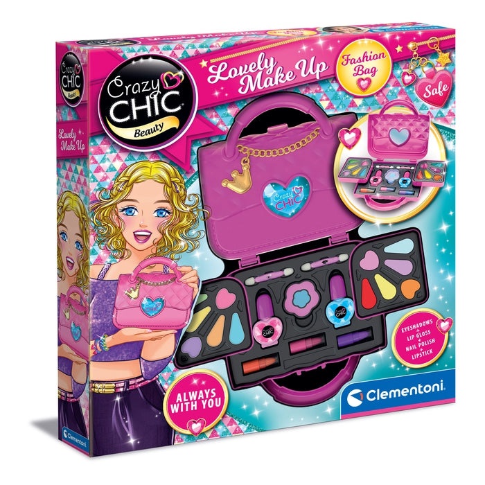 Clementoni Crazy Chic - Lovely Make Up Bag, Cofanetto Trucchi per Bambine 6 Anni, Trousse Portatile con Set di Cosmetici e Smalti Sicuri