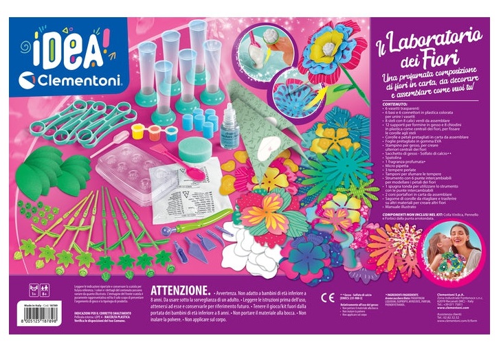 Clementoni Idea Il Laboratorio dei Fiori - Kit Creativo per Bambini 8 Anni con 8 Fiori da Colorare e Profumare