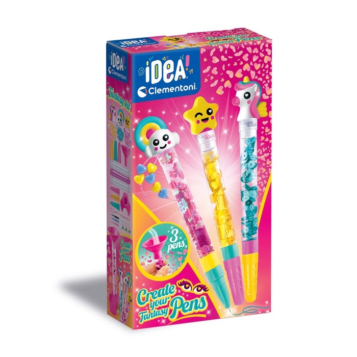 Clementoni IDEA Create your Pens: Fantasy - Kit di attività manuali per bambini, 6 anni e oltre, assembla e personalizza 3 penne uniche con inchiostri colorati