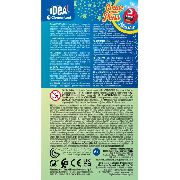 Clementoni Idea - Create Your Pens: Monster, Kit Creativo per Personalizzare 3 Penne con Inchiostri Colorati e Accessori, Età 6