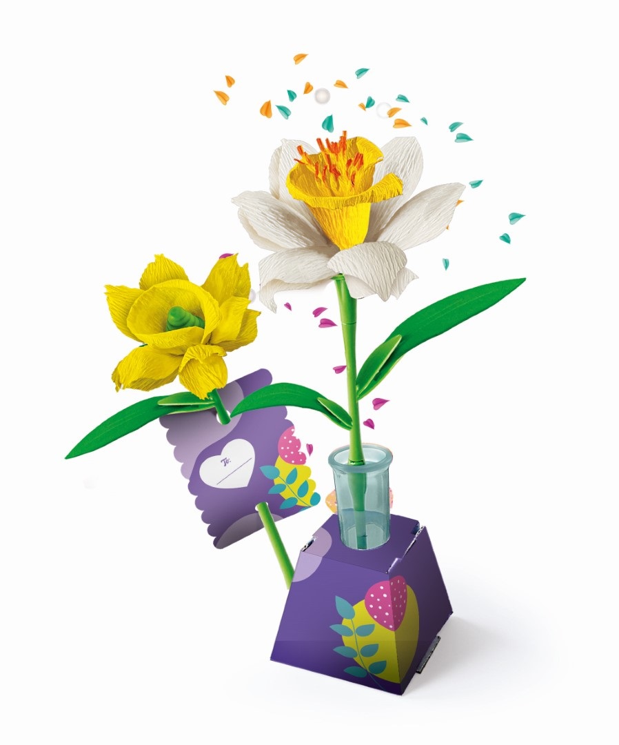 Clementoni 18876 Create Your Flowers - Kit Creativo per Comporre Fiori con Narcisi, Adatto per Bambini 8 Anni, Include Porta Fiore Personalizzabile
