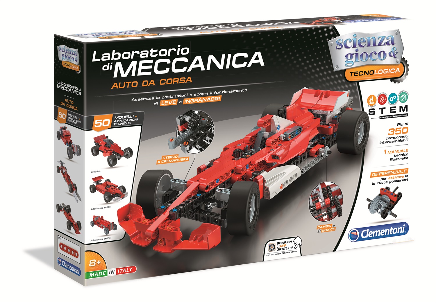 Clementoni Lab.Meccanica - Auto da Corsa con Oltre 350 Componenti Intercambiabili, Sterzo Funzionante e App Dedicata, 8 Anni