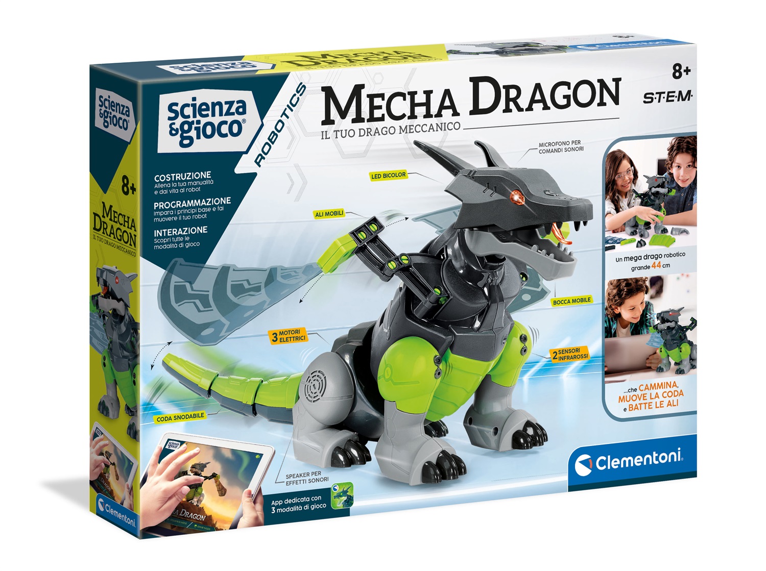 Clementoni Mecha Dragon Robot - Set da Costruzione Interattivo con 3 Motori e Sensori, per Bambini da 8 Anni