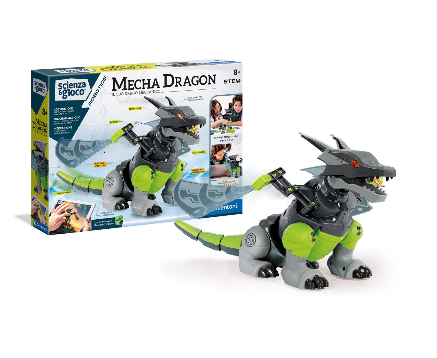 Clementoni Mecha Dragon Robot - Set da Costruzione Interattivo con 3 Motori e Sensori, per Bambini da 8 Anni