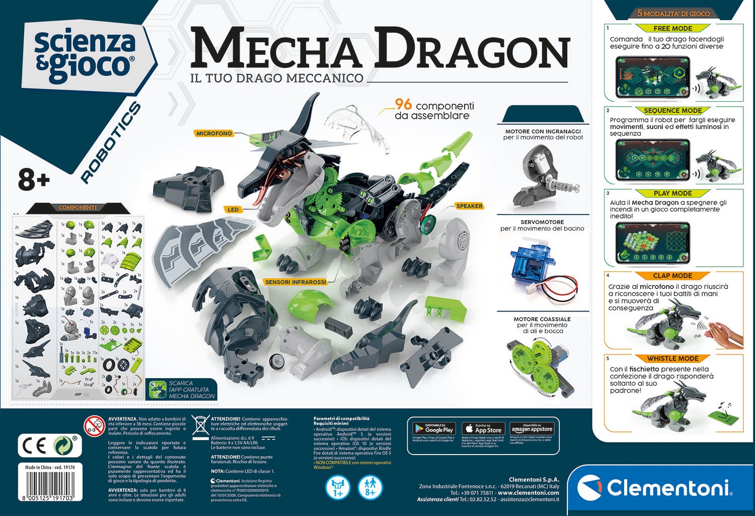 Clementoni Mecha Dragon Robot - Set da Costruzione Interattivo con 3 Motori e Sensori, per Bambini da 8 Anni
