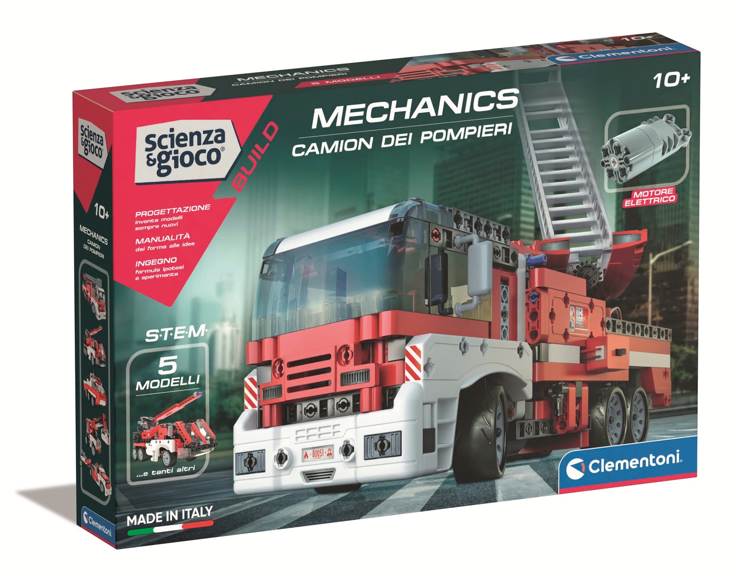 Clementoni 19181 Scienza e Gioco Build - Camion dei Pompieri Motorizzato con 4 Modelli da Costruire, Set di Costruzioni per Bambini 8 Anni