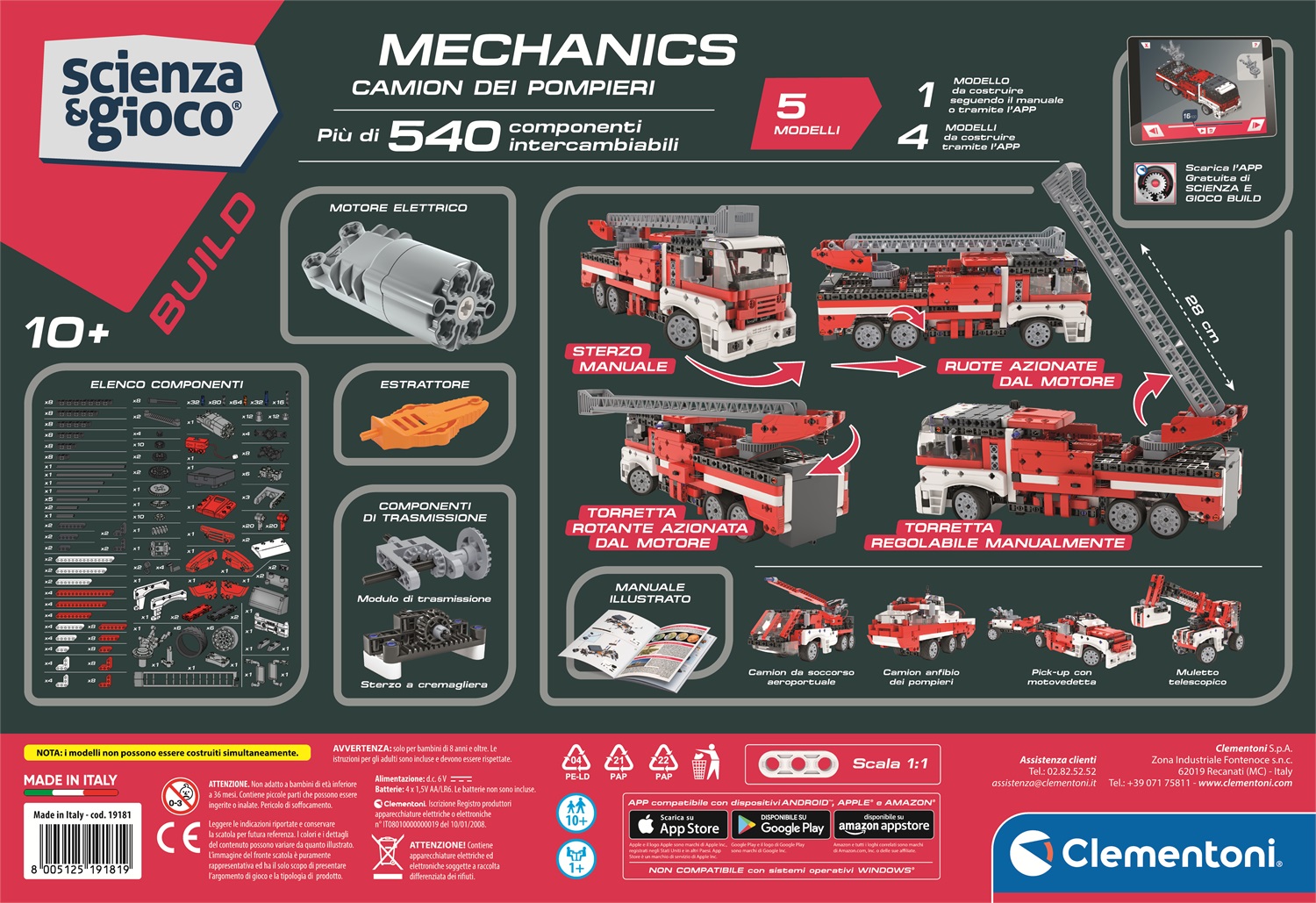 Clementoni 19181 Scienza e Gioco Build - Camion dei Pompieri Motorizzato con 4 Modelli da Costruire, Set di Costruzioni per Bambini 8 Anni
