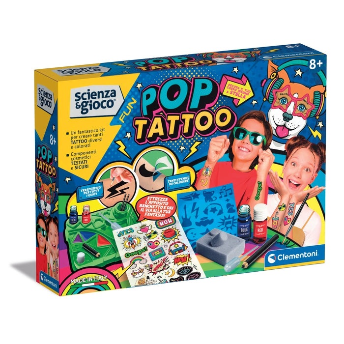 Clementoni Scienza e Gioco Fun Pop - Kit di Tatuaggi Temporanei per Bambini, Laboratorio Scientifico, 8 Anni, Made in Italy, Multicolore