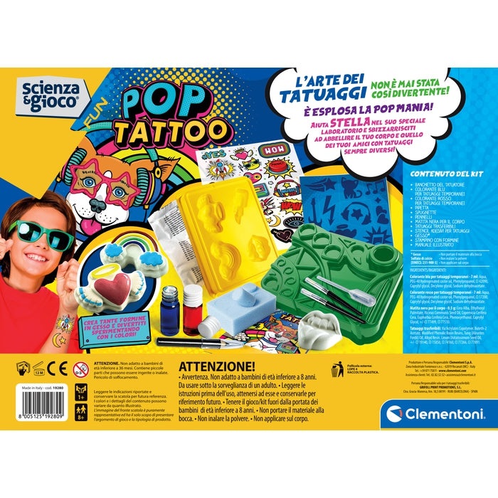 Clementoni Scienza e Gioco Fun Pop - Kit di Tatuaggi Temporanei per Bambini, Laboratorio Scientifico, 8 Anni, Made in Italy, Multicolore