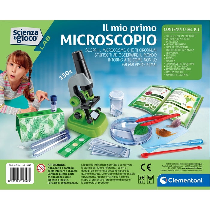 Clementoni - 19347 - Il Mio Primo Microscopio Ottico 150X - Laboratorio Microscopio Portatile per Bambini dagli 8 Anni, Include Strumentazione da Laboratorio, Made in Italy